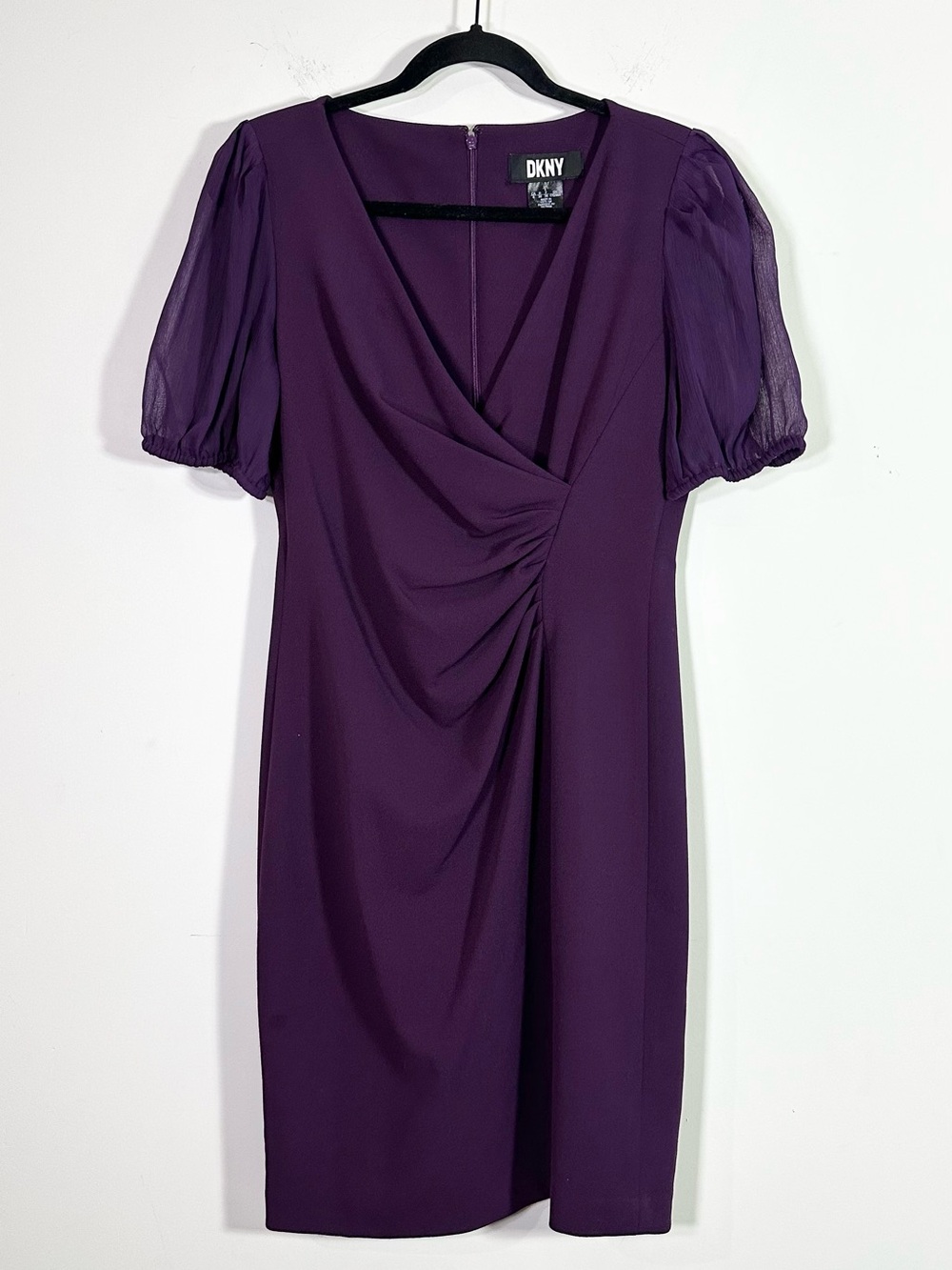DKNY Purple Short Sleeve V-Neck Midi Sheath Dress